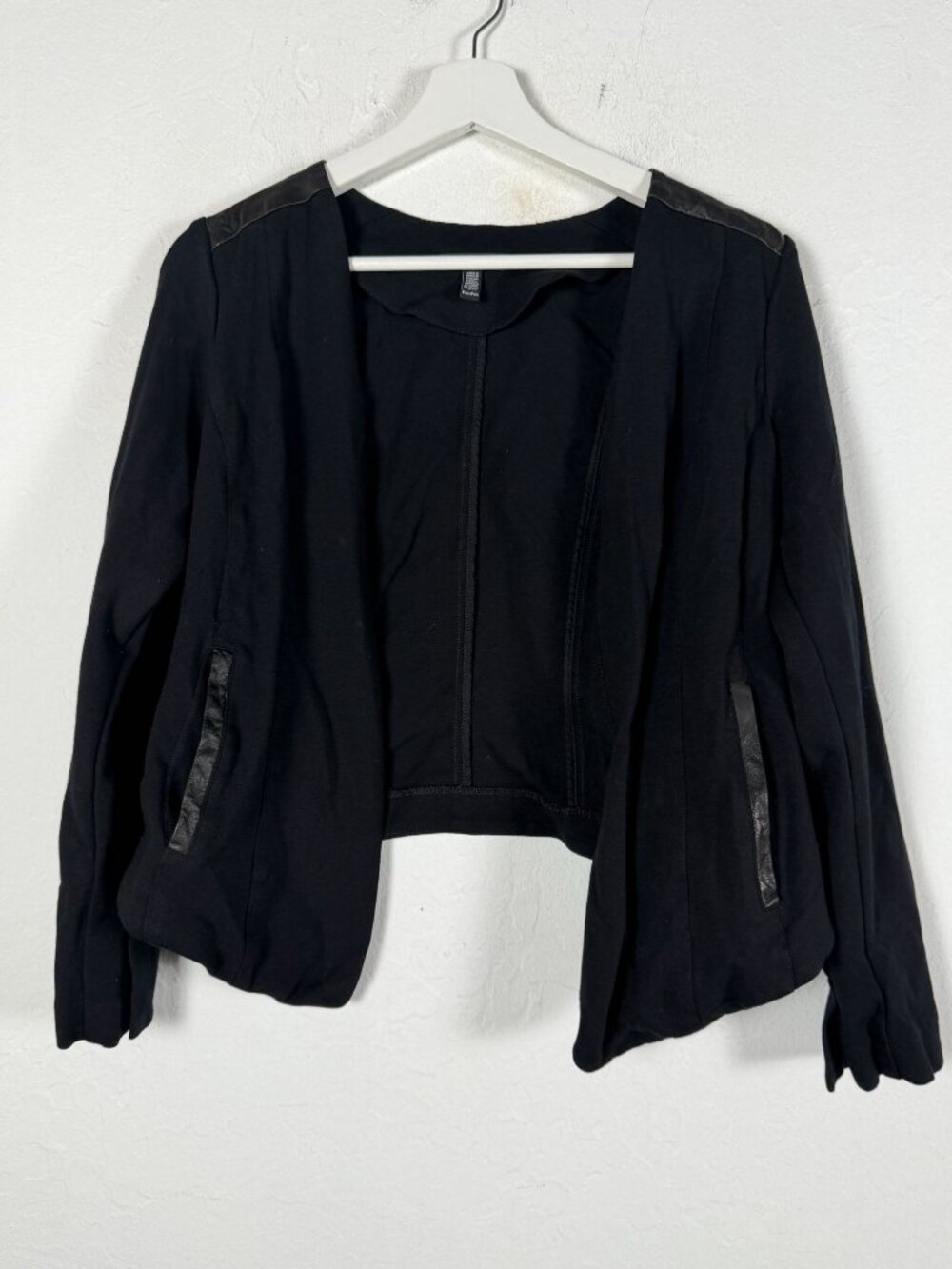 Eileen Fisher Women's Black Open Front Jacket Leather Trim Italian Fabric PM